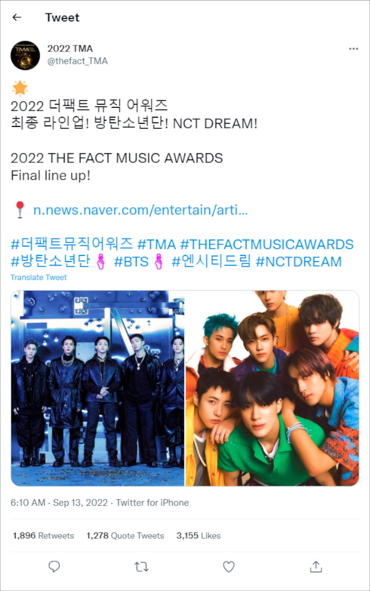 BTS dan NCT Dream Fix Ramaikan Line Up The Fact Music Awards 2022
