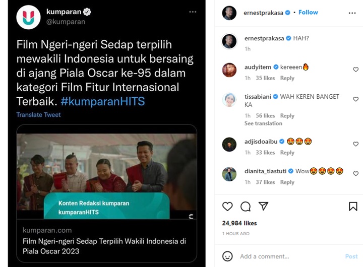 Ernest Prakasa Speechless \'Ngeri-Ngeri Sedap\' Bakal Bersaing di Oscar 2023: Gimana Maksudnya?