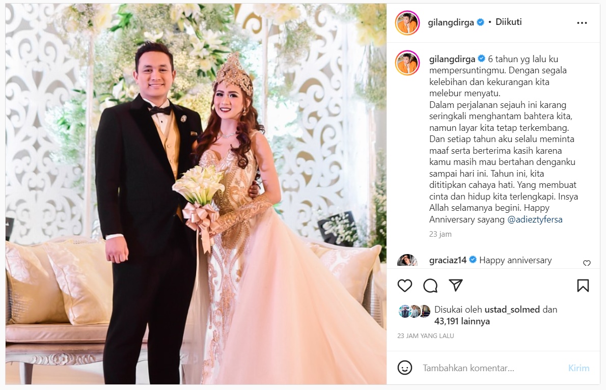 Rayakan Anniversary Ke-6, Gilang Dirga Ngaku Setiap Tahun Minta Maaf ke Istri
