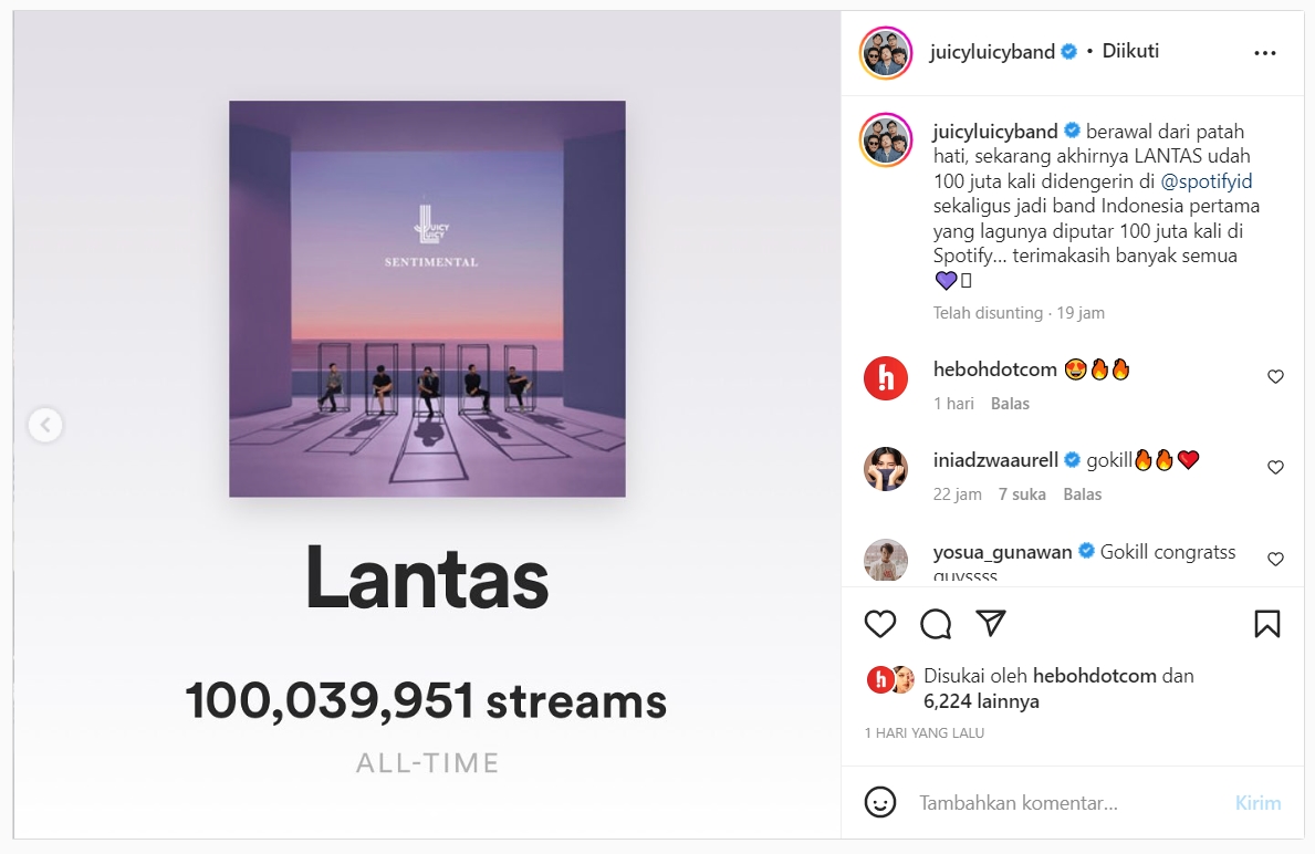 Selamat! Juicy Luicy Jadi Band Pertama Raih 100 Juta Streams di Spotify Lewat \'Lantas\'