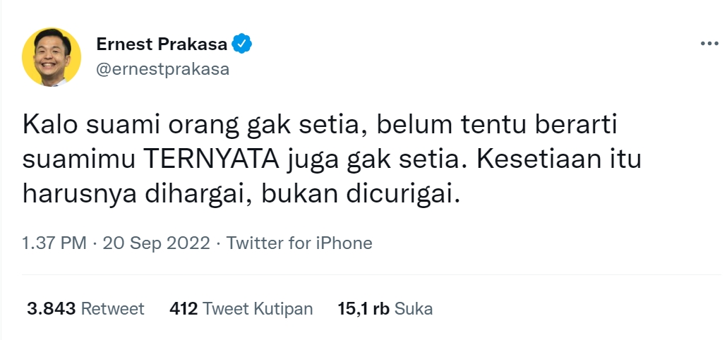 Ernest Prakasa Tanggapi Klarifikasi Rossa Soal Isu Perselingkuhan Reza Arap