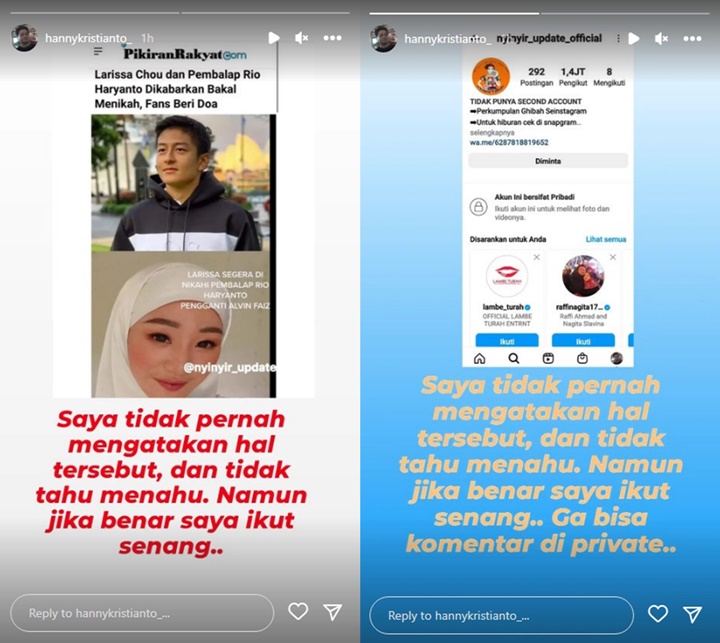 Klarifikasi Mengejutkan Hanny Kristianto Soal Larissa Chou Bakal Dinikahi Rio Haryanto