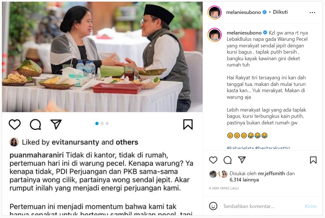 Satire Banget! Melanie Subono Komentari Momen Puan dan Cak Imin Makan di Warung Pecel