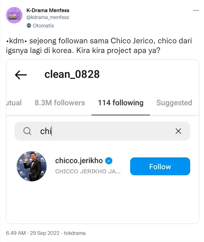 Chicco Jerikho dan Kim Sejeong Mendadak Saling Follow di Instagram, Bakal Ada Proyek Bareng?