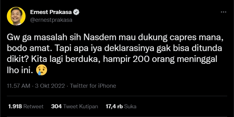 Ernest Prakasa Sentil Nasdem yang Deklarasi Capres: Kita Lagi Berduka Lho Ini