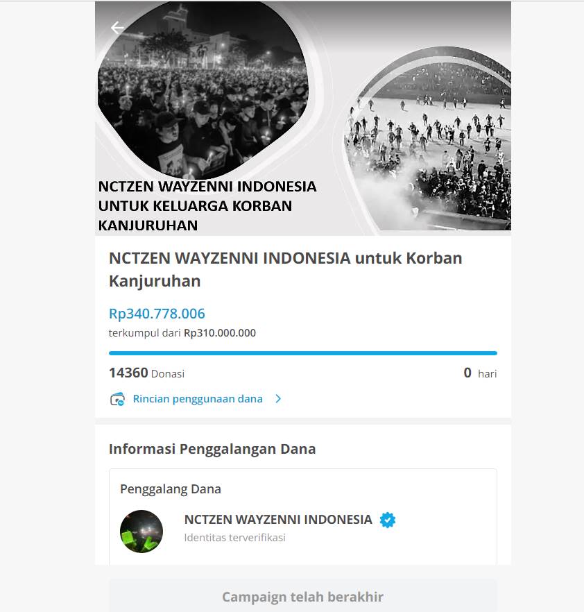 Donasi yang terkumpul dari NCTZen untuk para korban Kanjuruhan