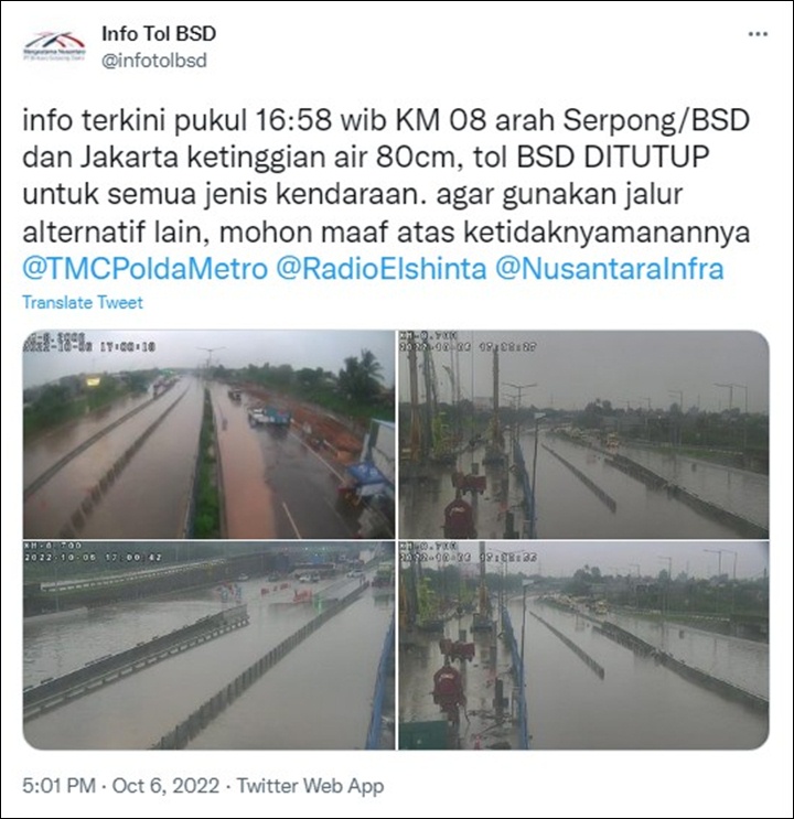 Sempat Ditutup Karena Banjir Hampir Semeter, Ini Kondisi Terbaru Tol BSD