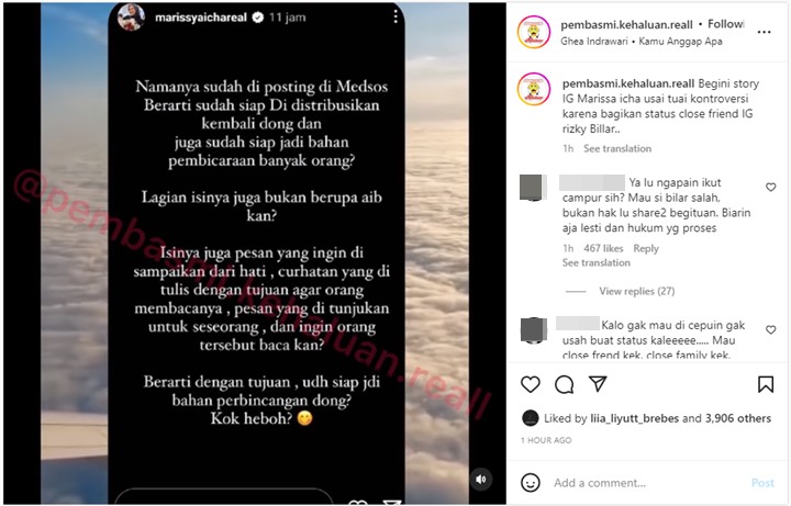 Marissya Icha Bereaksi Usai Kena Sindir Gegara Jadi \'Cepu\' Postingan Close Friend Rizky Billar