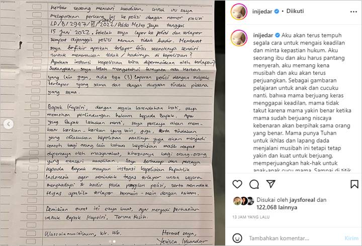 Jessica Iskandar Minta Permohonan Perlindungan Hukum Lewat Surat Tulisan Tangan