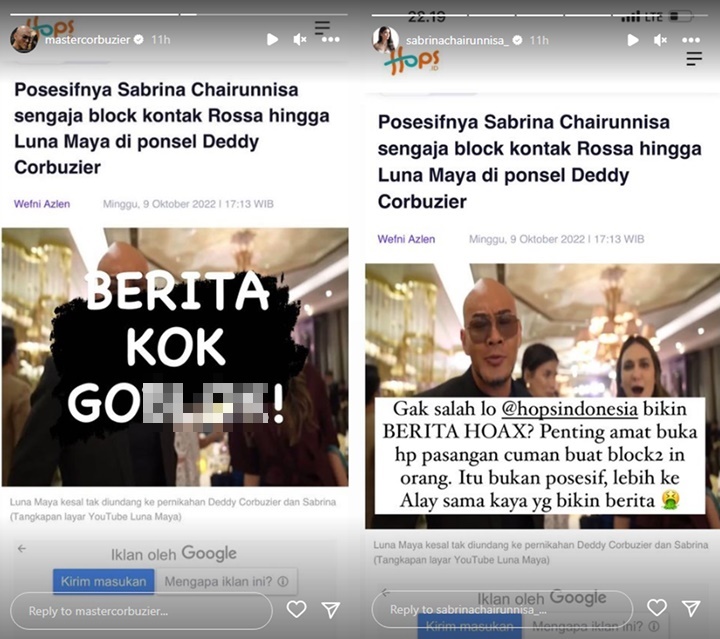 Deddy Corbuzier Ngamuk, Sabrina Chairunnisa Bantah Blokir Kontak Luna Maya dan Rossa