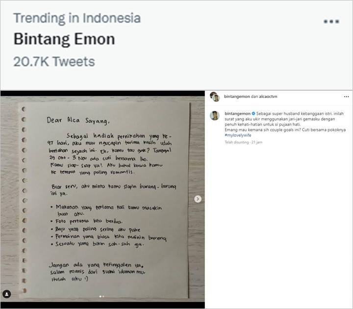 Bintang Emon Trending Twitter Usai Tulis Surat ke Istri, Isinya Bikin Iri