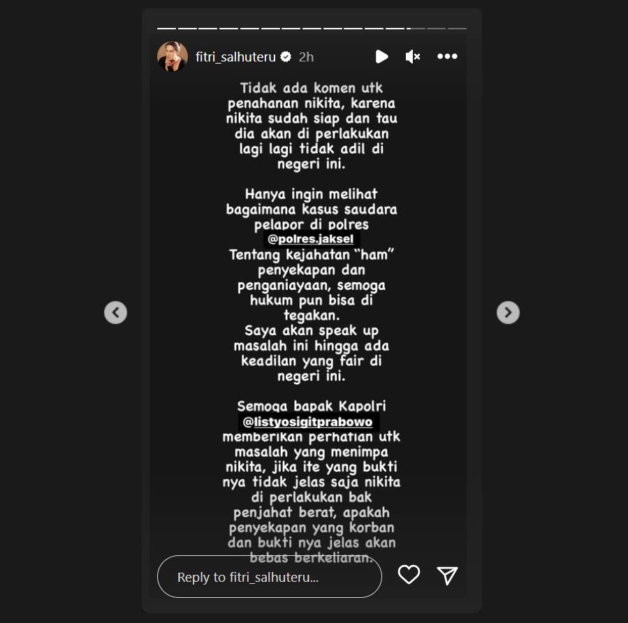 Unggahan Fitri Salhuteru tentang penahanan Nikita Mirzani