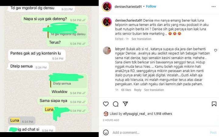 Denise Chariesta Sindir Menohok Luna Maya