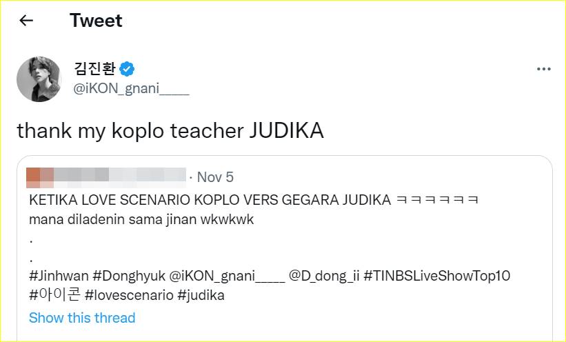 Jinhwan iKON mengungkapkan terima kasih ke Judika