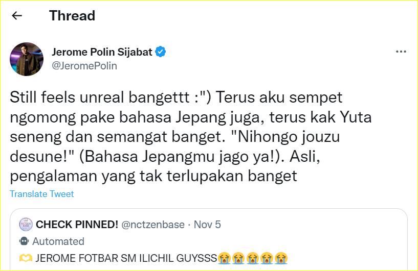 Jerome Polin menceritakan mengenai Yuta yang memberikan pujian atas fasihnya Bahasa Jepang miliknya