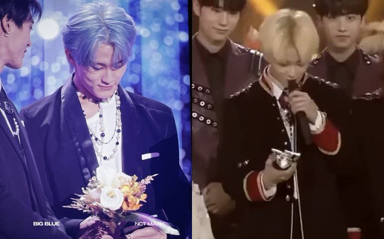 Momen Mark memegang piala daesang NCT Dream di Genie Music Awards dan first win dengan \