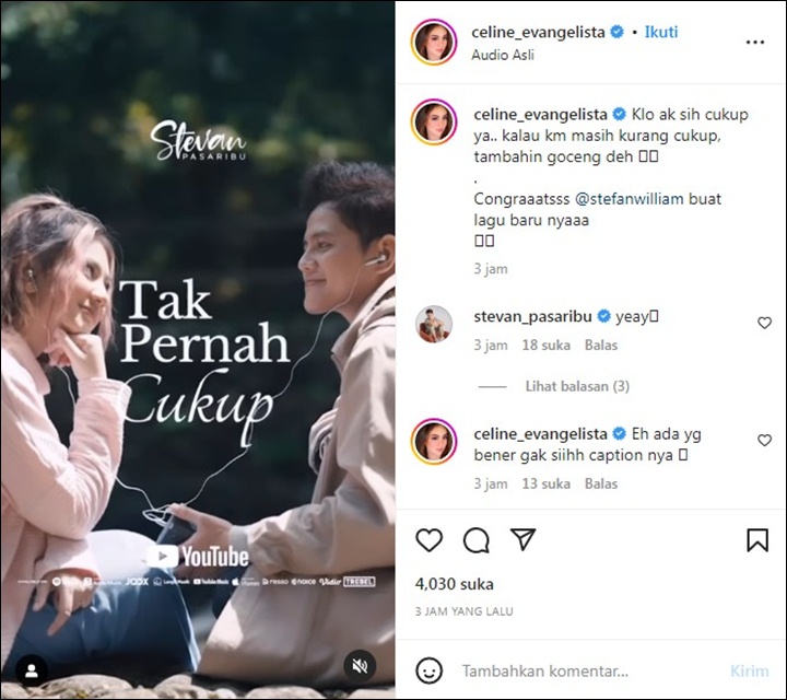 Beri Selamat ke Stevan Pasaribu, Celine Evangelista Malah Mention Nama Stefan William