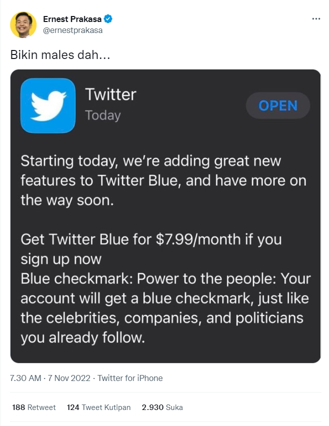 Ernest Prakasa Ngeluh Twitter Pasang Tarif Akun Centang Biru