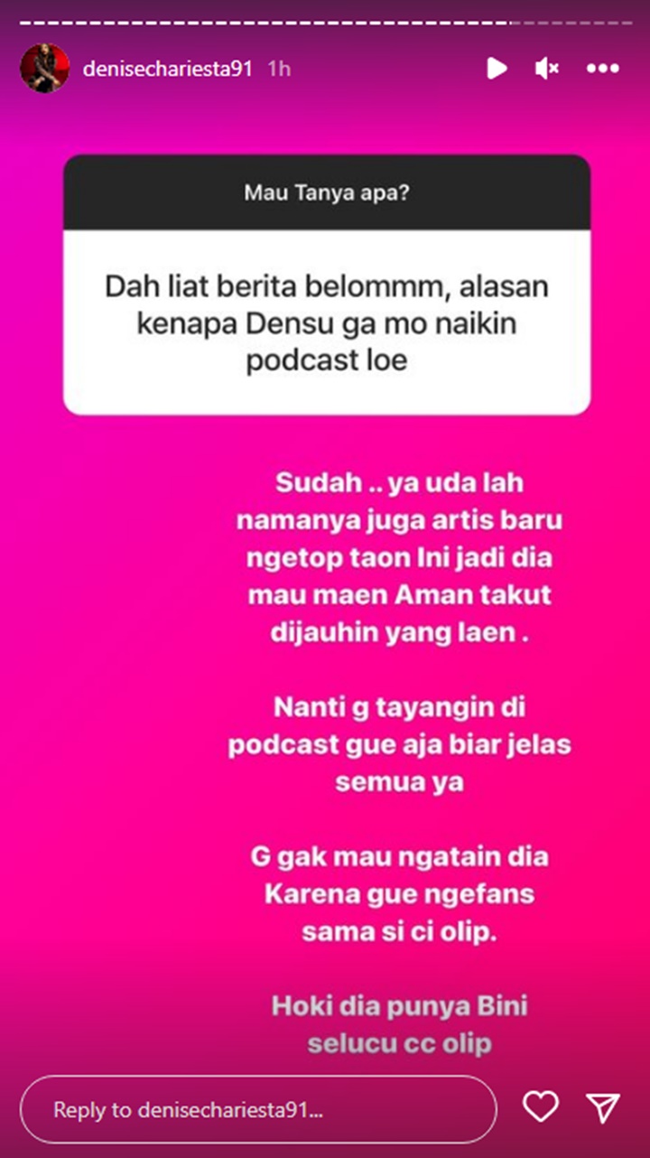 Denise Chariesta Tanggapi Sinis Pembelaan Denny Sumargo Soal Tak Tayangkan Podcast