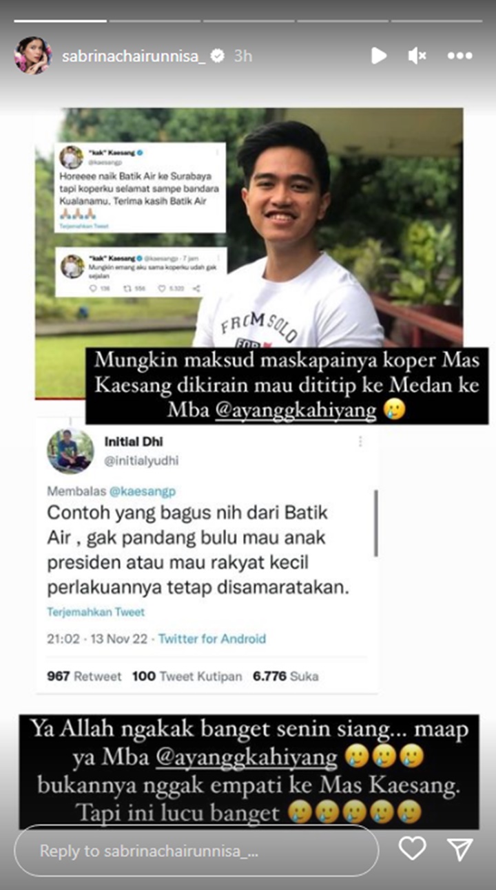 Sabrina Chairunnisa Tertawakan Kaesang Pangarep yang Sempat Galau Berat
