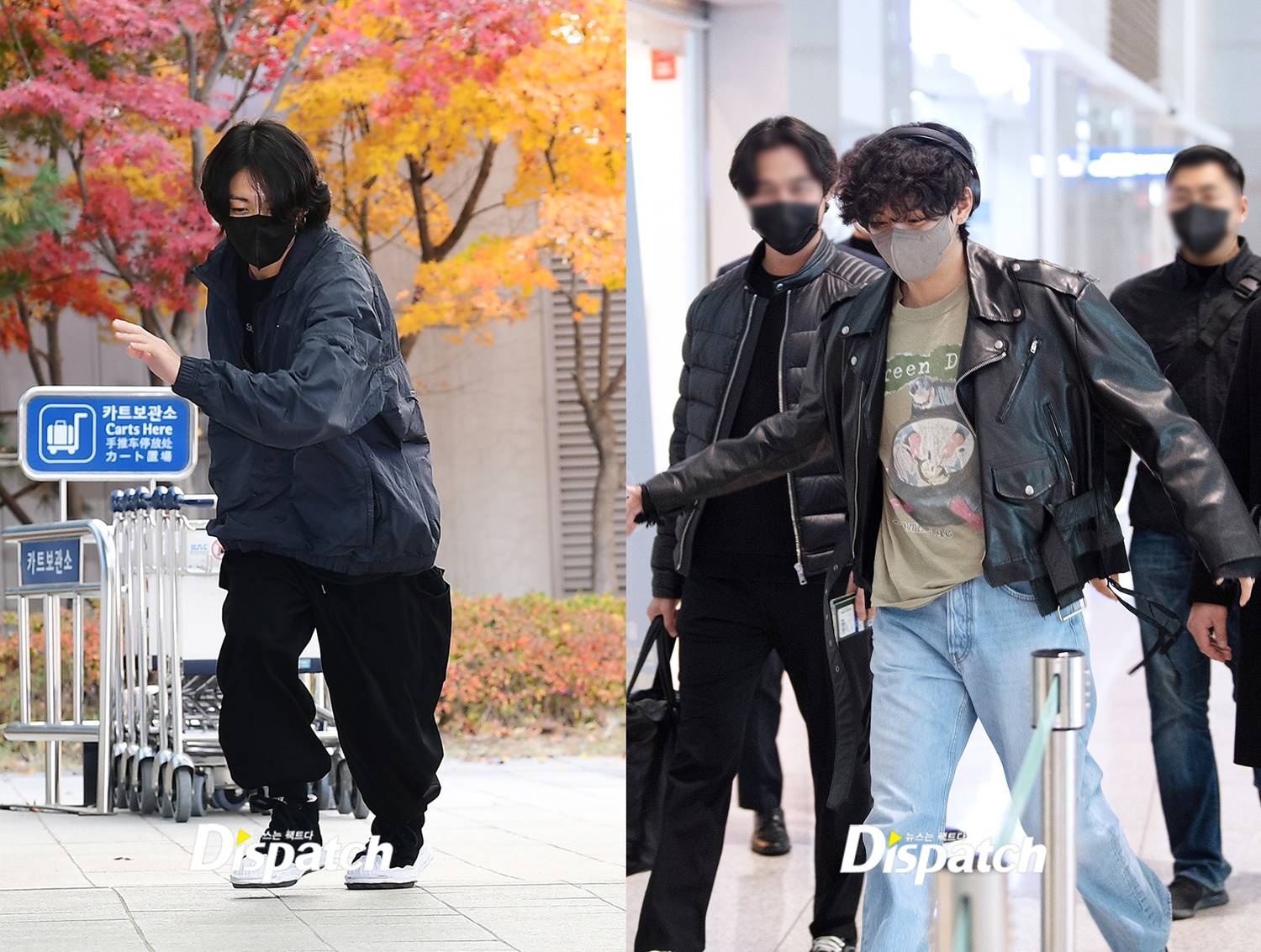Jungkook dan V BTS melakukan pose yang sama di bandara