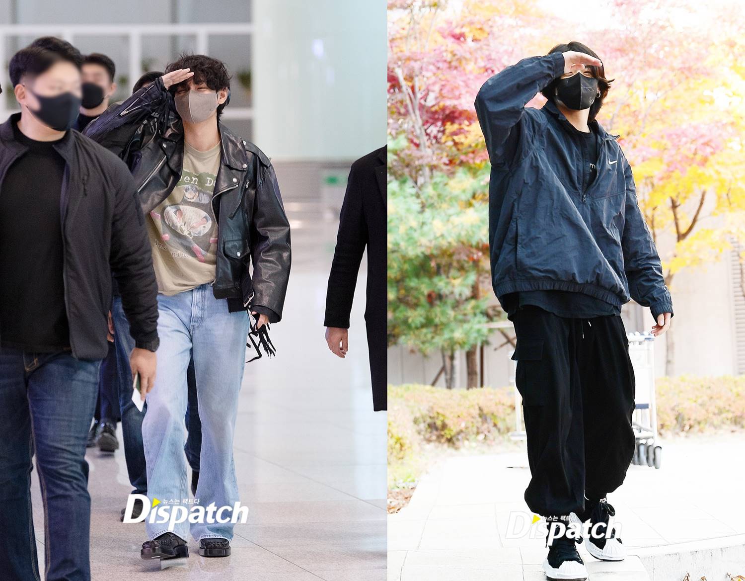 Jungkook dan V BTS melakukan pose yang sama di bandara