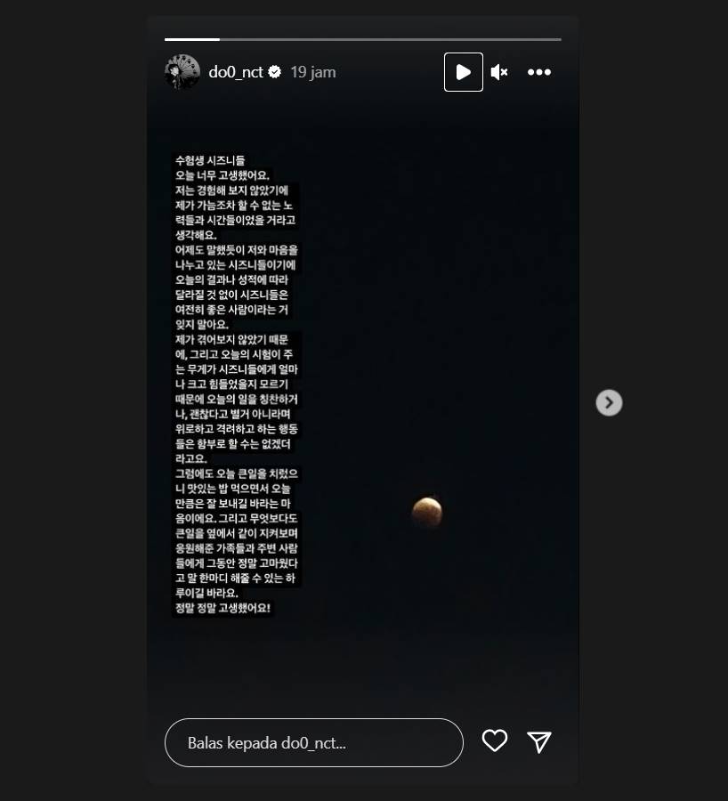 Doyoung NCT mengungkapkan pujian kepada para peserta CSAT melalui akun Instagram pribadinya