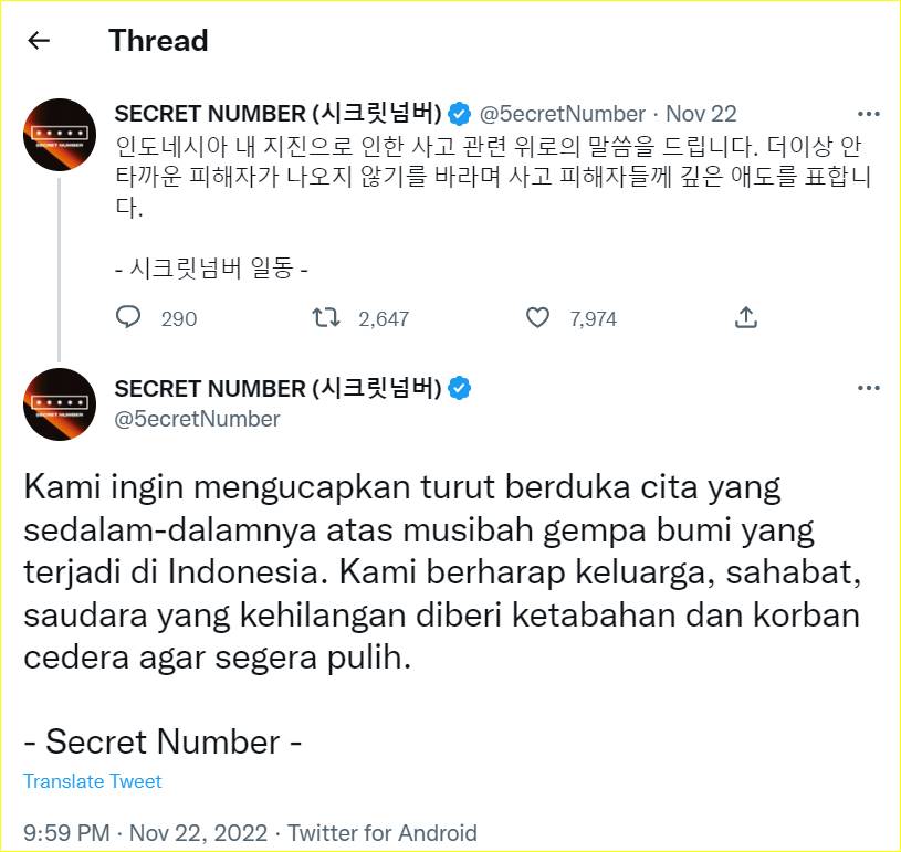 Secret Number mengungkapkan duka untuk gempa Cianjur, Jawa Barat
