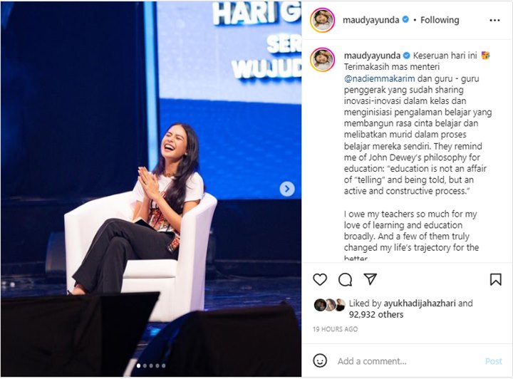 Maudy Ayunda Mendadak Teringat Hutang Usai Hadiri Acara Hari Guru Nasional 2022