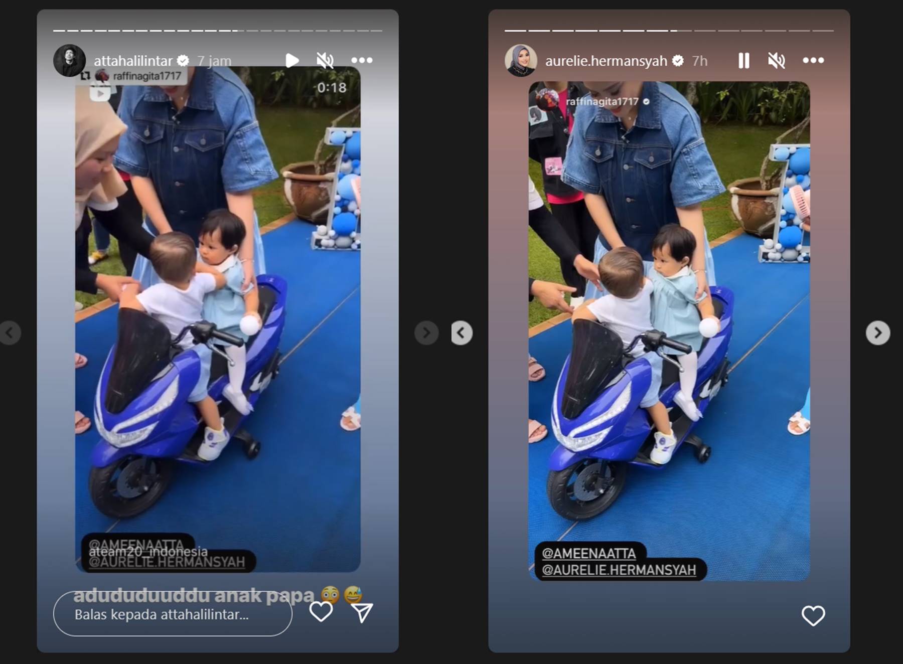 Atta Halilintar dan Aurel Hermansyah membagikan ulang momen Rayyanza dan Ameena di Instagram masing-masing