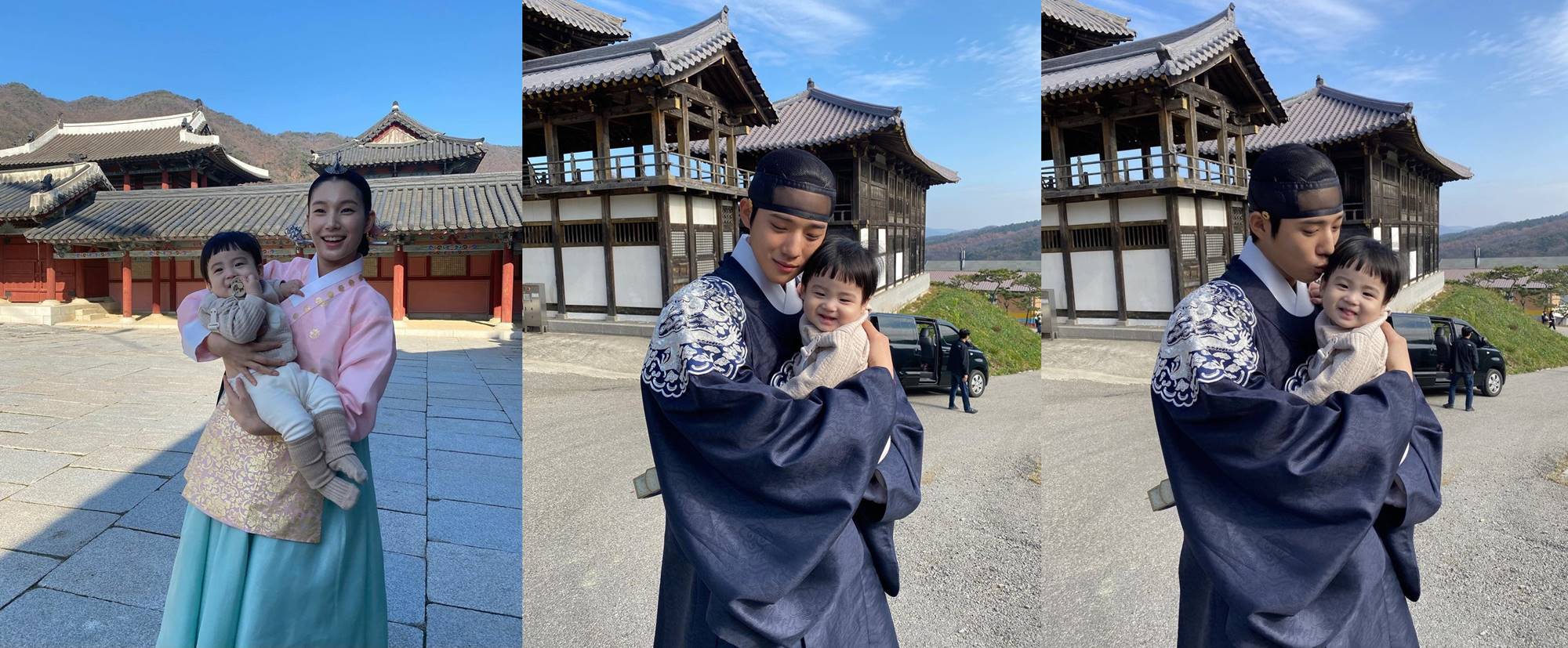 Potret Moon Sang Min dan Han Dong Hee dengan seorang bayi di lokasi syuting drama tvN \