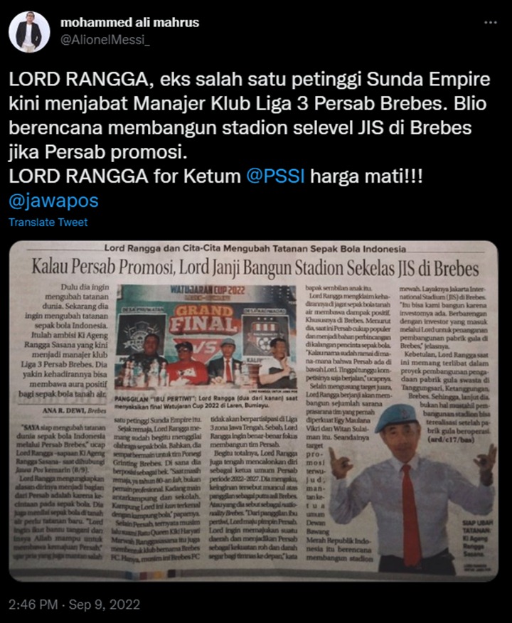 Tutup Usia, Lord Rangga Sempat Ingin Bangun Stadion Sekelas JIS di Brebes