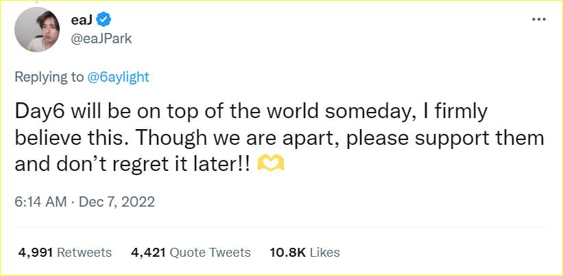 Jae meminta untuk terus mendukung DAY6 meski ia tak lagi berada di band tersebut