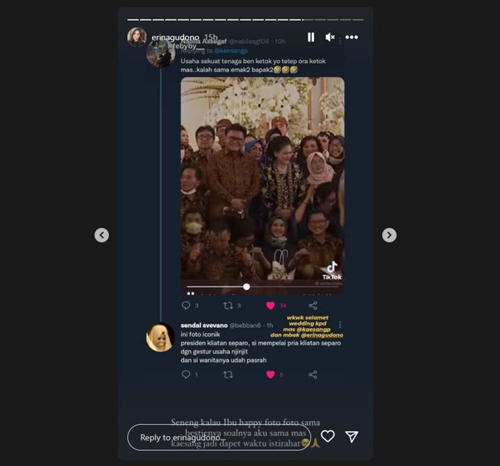 Beda Cara Erina Gudono Bereaksi Soal Momen Viral Ibu Iriana Reuni dengan Bestie di Pernikahannya