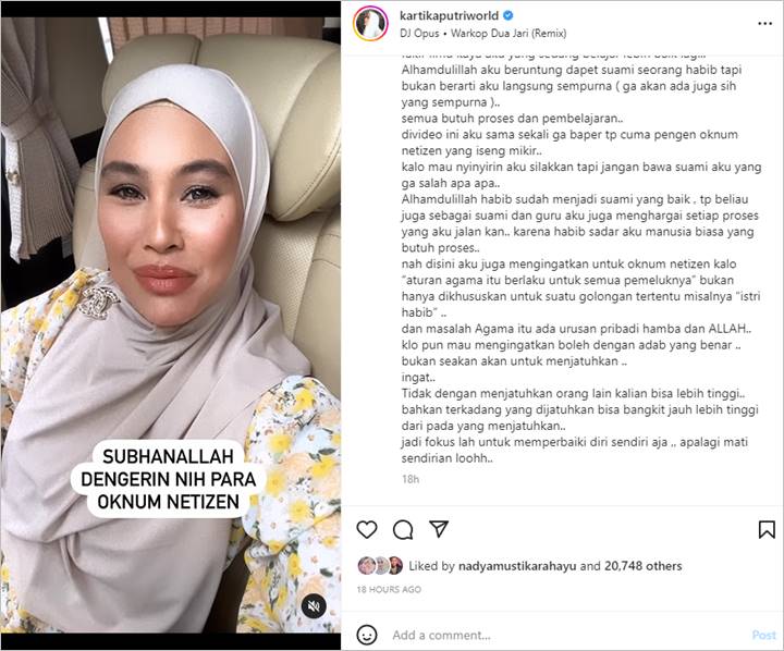 Tak Baper Dikritik Punya Sikap Nyablak Padahal Istri Habib, Kartika Putri Tetap Beri Satu Pesan