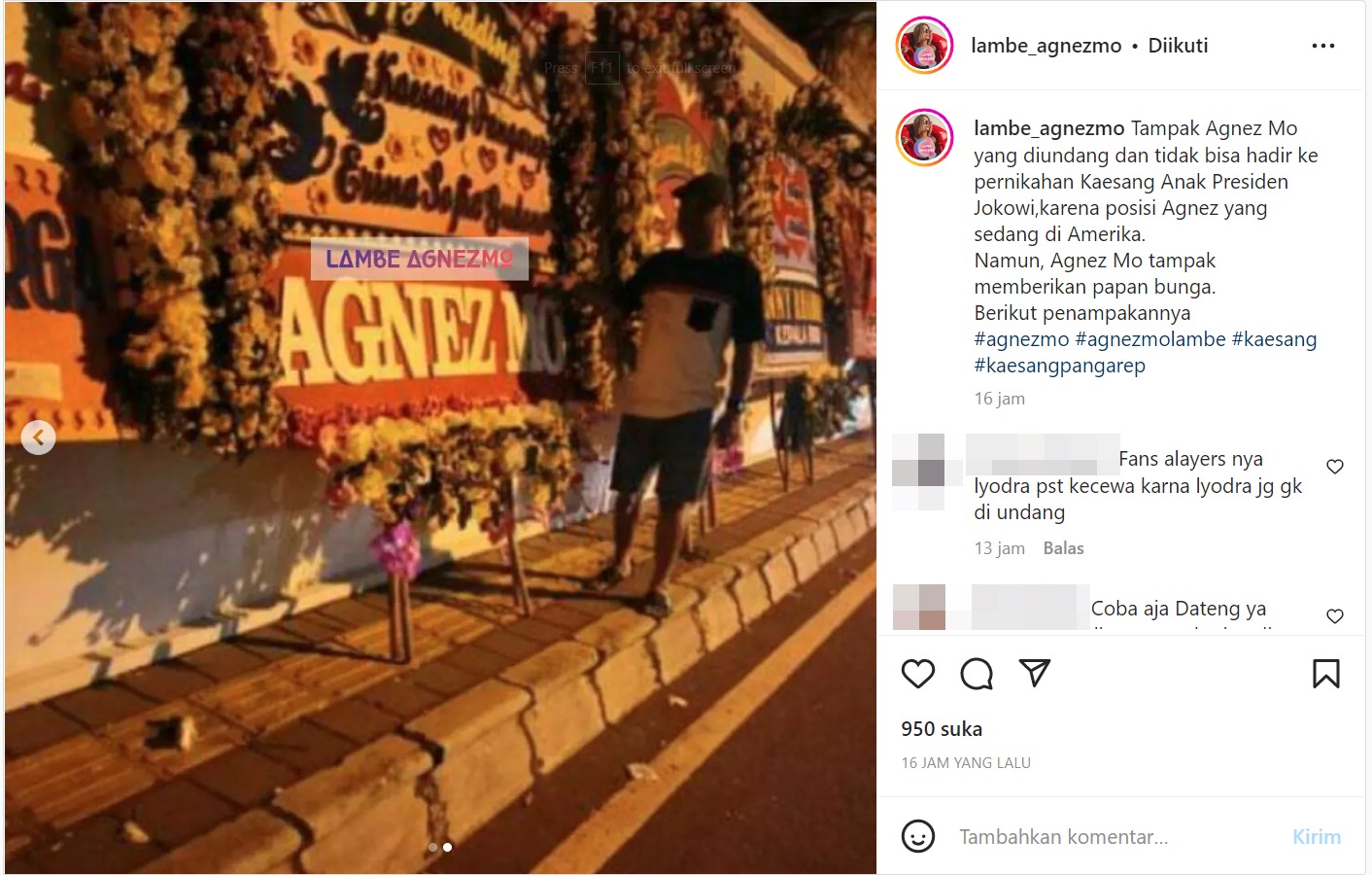 Tak Bisa Hadiri Pernikahan Kaesang Pangarep, Agnez Mo Diduga Beri Papan Bunga