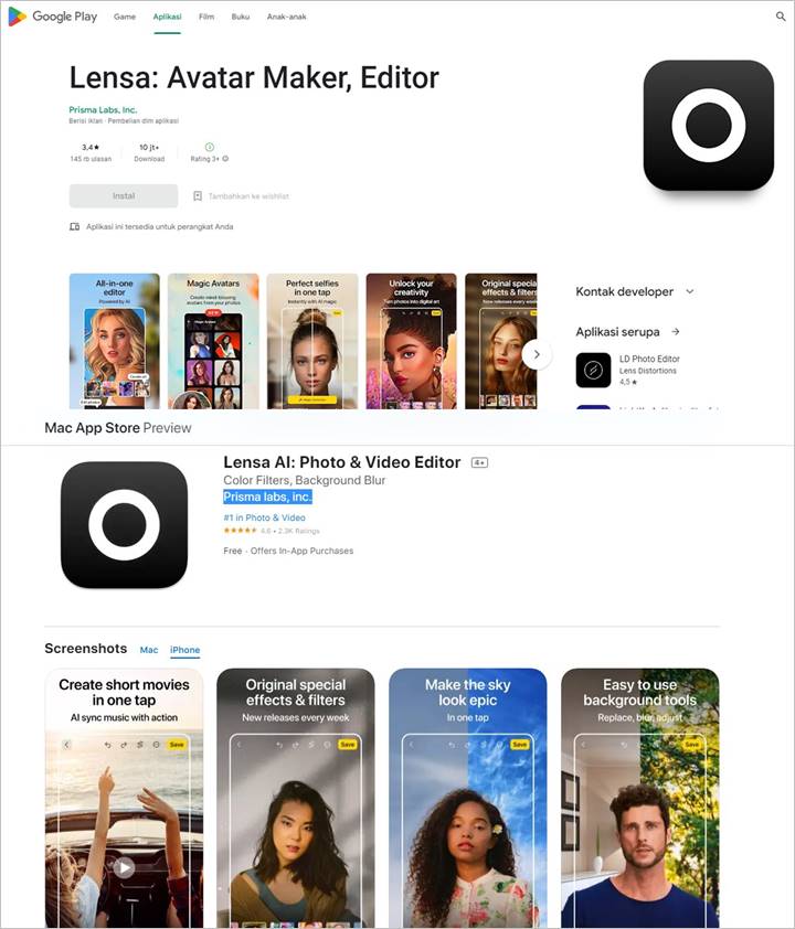 Download aplikasi Lensa AI di Play Store atau Appstore