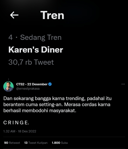 Karen\'s Diner Trending, Ernest Prakasa Sindir Settingan