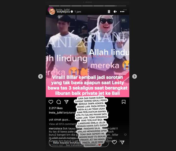 Lesti Kejora Ikut Tegas Bela Rizky Billar yang Dihujat Gara-gara Dituding Tak Bantu Bawa Tas