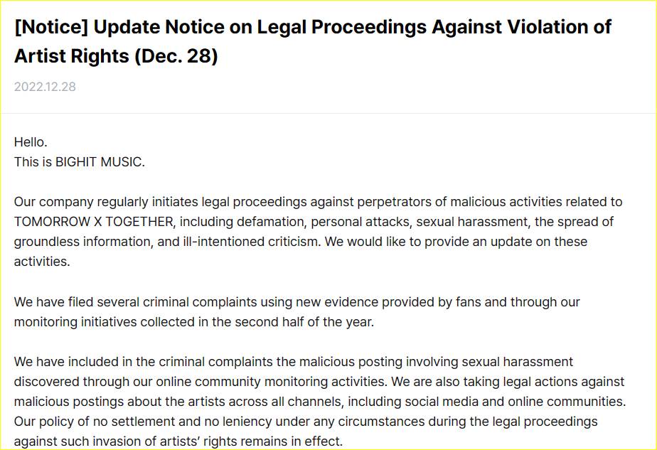 BigHit Music memberikan informasi lanjutan terkait dengan kasus komentar miring yang diterima oleh TXT