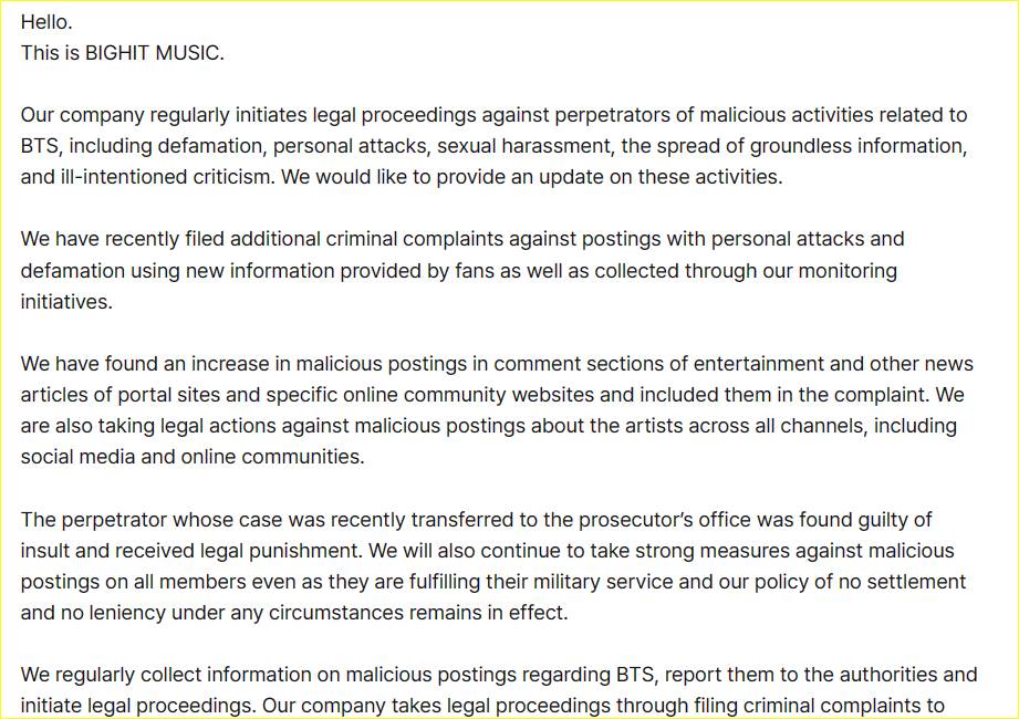 Pernyataan BigHit Music terkait dengan para pelaku pelanggaran hak BTS