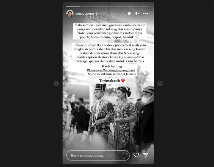 Erina Gudono Giveaway Suvenir Rangkaian Pernikahan, Syaratnya Mudah