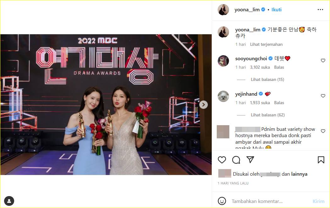 Son Ye Jin mengomentari kemenangan YoonA dan Sooyoung SNSD