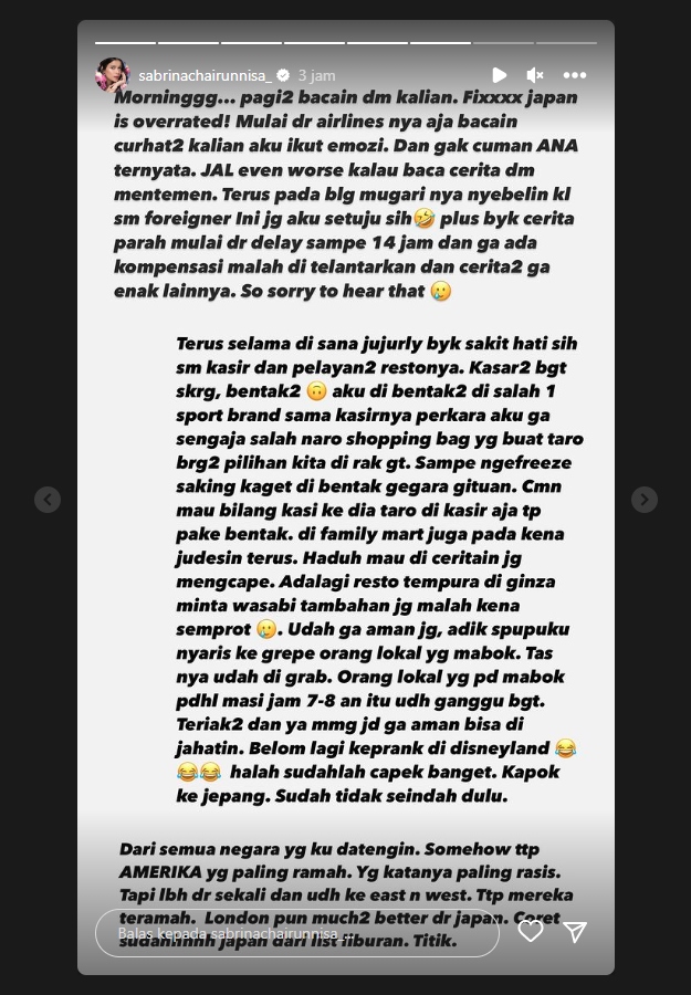 Kesal! Sabrina Chairunnisa Fix Coret Jepang Jadi Destinasi Liburan