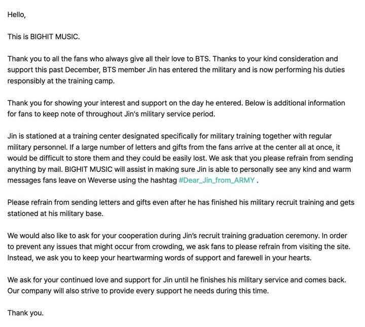 BigHit Wanti-wanti Fans Tak Kirimi Jin BTS Surat atau Hadiah Selama Wamil