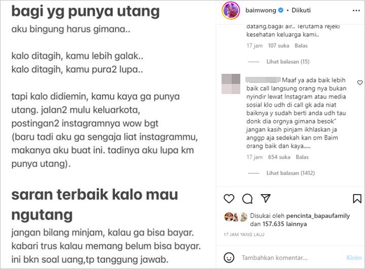 Ditegur Usai Buat Sindiran untuk Sosok Lupa Utang, Baim Wong Sebutkan Sisi Positifnya