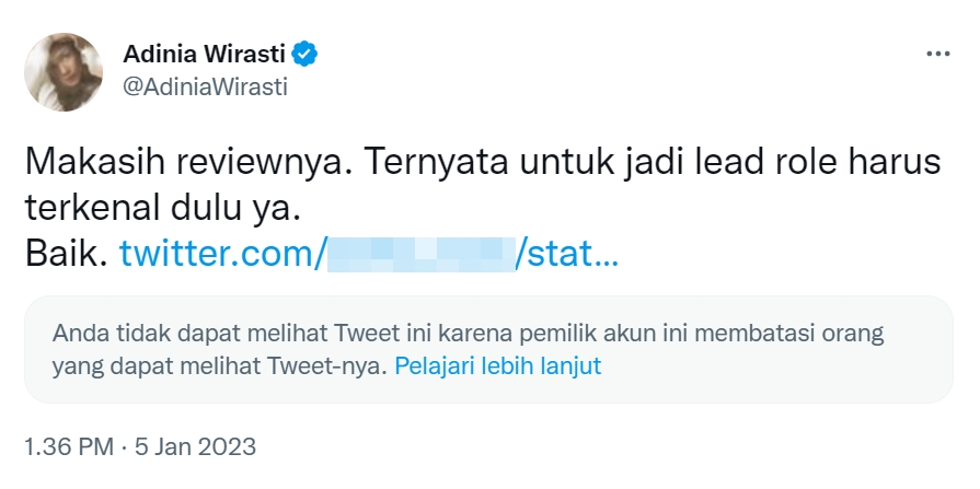 Adinia Wirasti Tanggapi Komentar Tentang Dirinya Dianggap Tak Terkenal