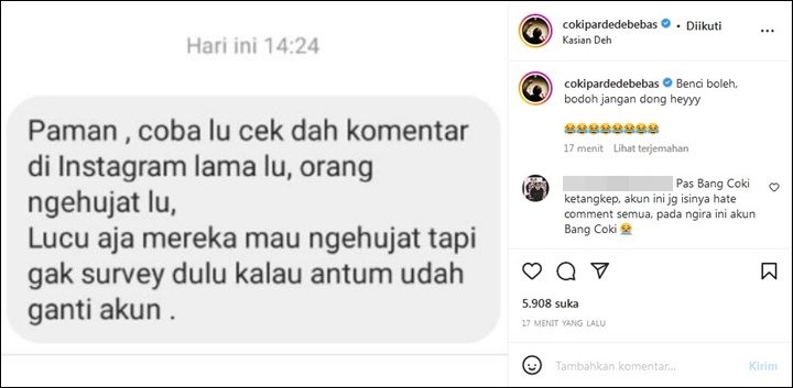 Coki Pardede Tertawa Lihat Banyak Haters yang Menghujatnya di Akun IG Lama