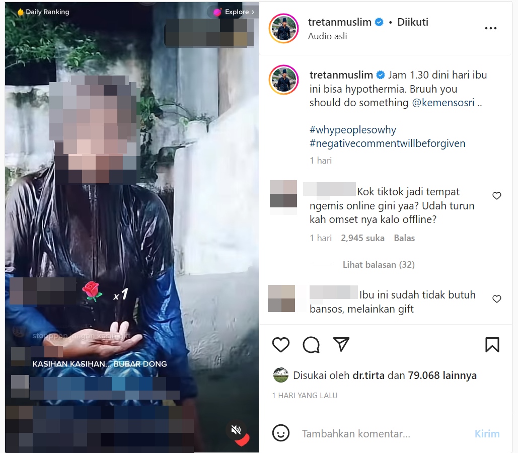 Tretan Muslim Tag IG Kemensos usai Lihat Fenomena Emak-emak Live Tengah Malem