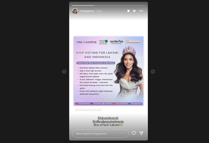 Erina Gudono Turut Dukung Laksmi DeNeefe Suardana di Ajang Miss Universe 2022